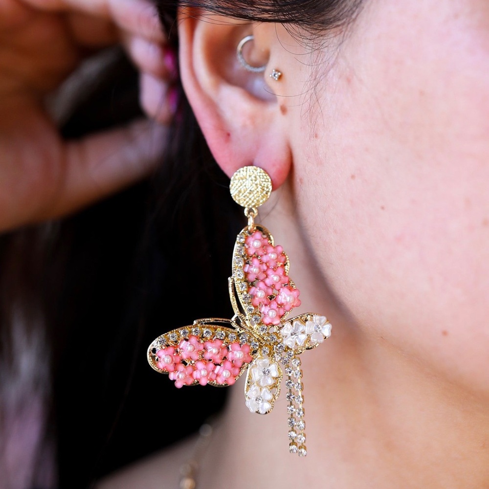 Lightweight Butterfly Drop Earrings Pink